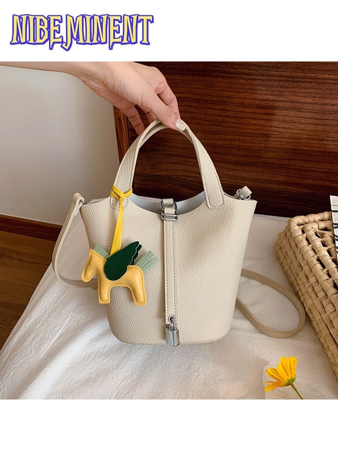 NIBEMINENT Patchwork Pendant Decor Simple Design Satchel Bag Classic Popular Lychee Pattern Bucket Tote Include Pony Pendant and Wallet - Image 2