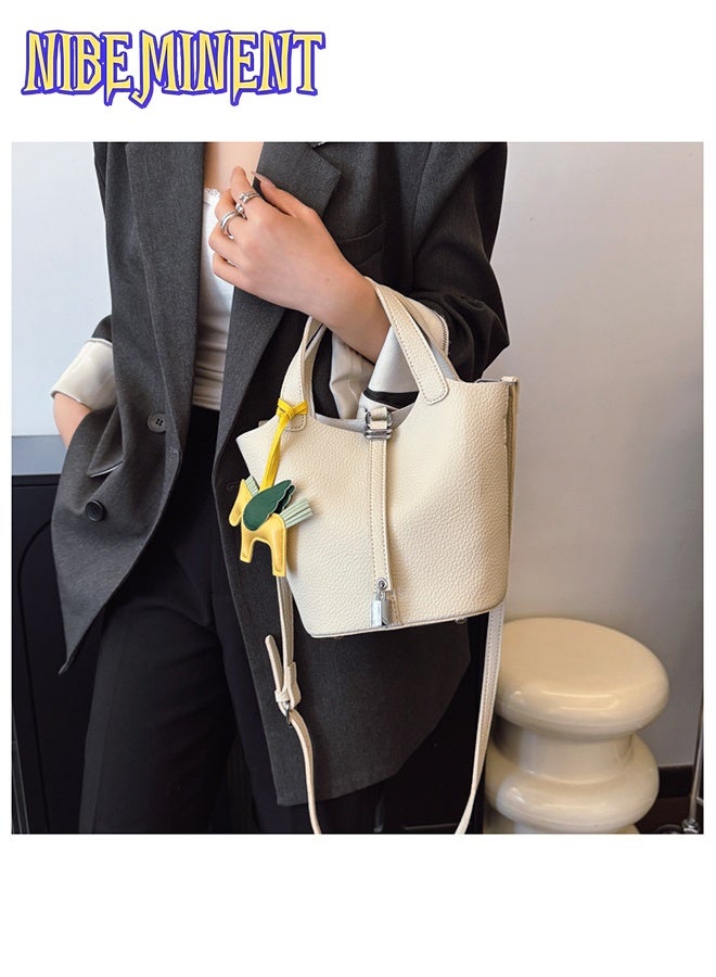 NIBEMINENT Patchwork Pendant Decor Simple Design Satchel Bag Classic Popular Lychee Pattern Bucket Tote Include Pony Pendant and Wallet - Image 5