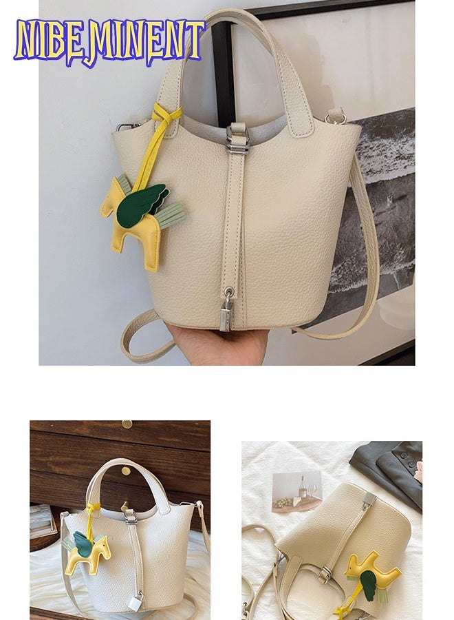 NIBEMINENT Patchwork Pendant Decor Simple Design Satchel Bag Classic Popular Lychee Pattern Bucket Tote Include Pony Pendant and Wallet - Image 3