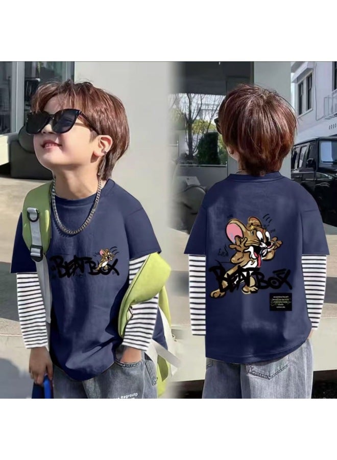 Boys' Cotton Long-sleeve T-shirt Spring/autumn New Style Big Kids Baby Fake Two-piece Striped Base Layer Top