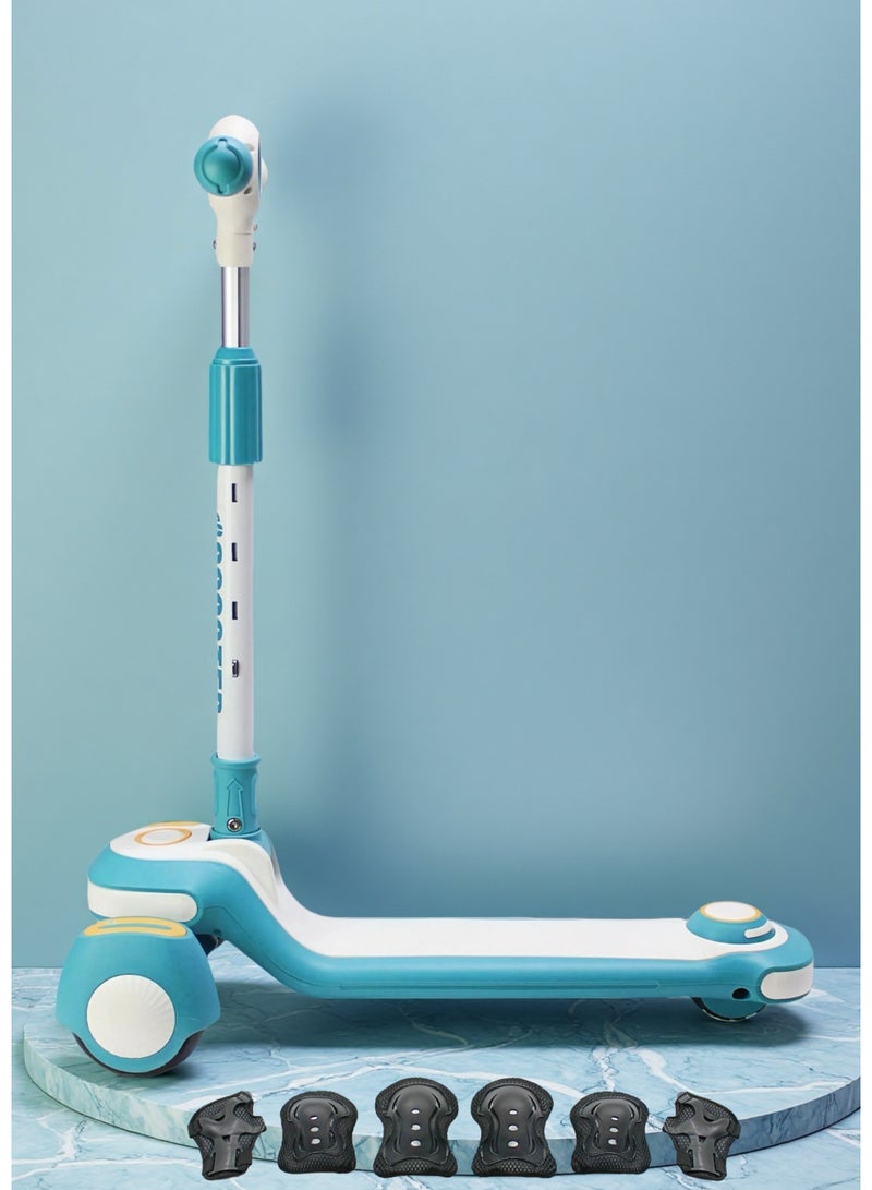 EASY FUTURE 3-8 Years Kids Scooter with Foldable Frame, Adjustable Handlebar, LED PU Wheels, Rear Brake & Built-in Music Including Protective Gear Set - Image 1