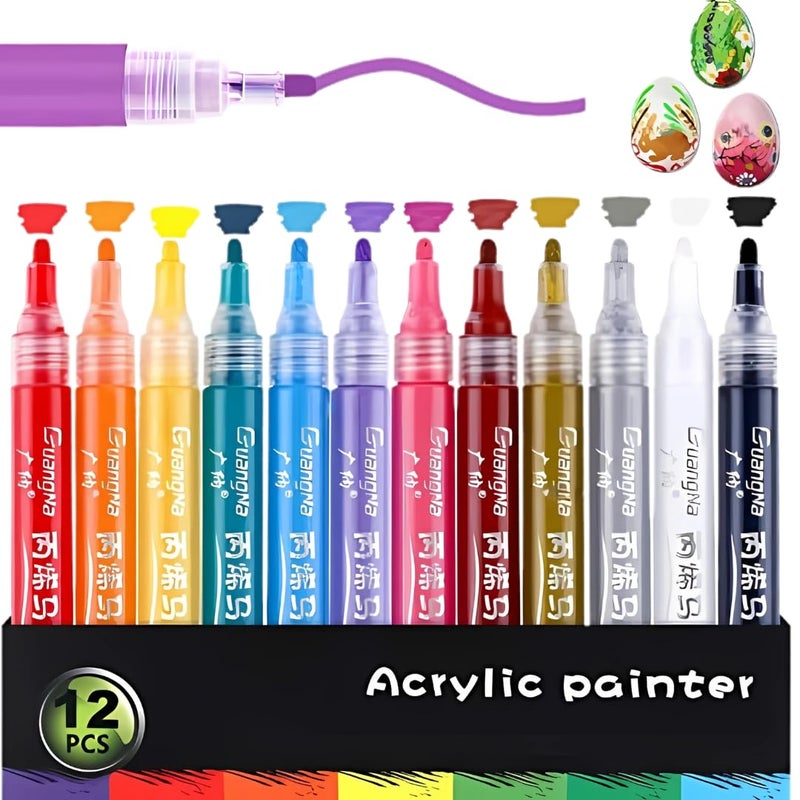PLUSPOINT 12 Colors Acrylic Paint Markers Set, Acrylic Paint Water Based Pens with Bold Tip for Kids Adults used for Rock Painting Pumpkin Stone Canvas Wood Paper Glass Ceramic Fabric Plastic - Image 1