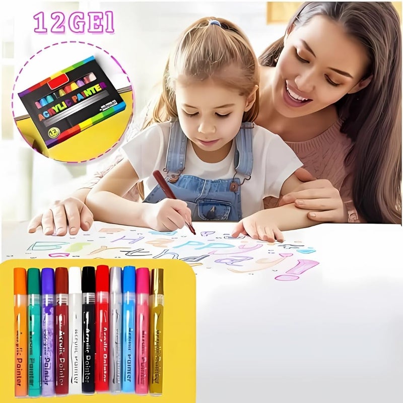 PLUSPOINT 12 Colors Acrylic Paint Markers Set, Acrylic Paint Water Based Pens with Bold Tip for Kids Adults used for Rock Painting Pumpkin Stone Canvas Wood Paper Glass Ceramic Fabric Plastic - Image 4