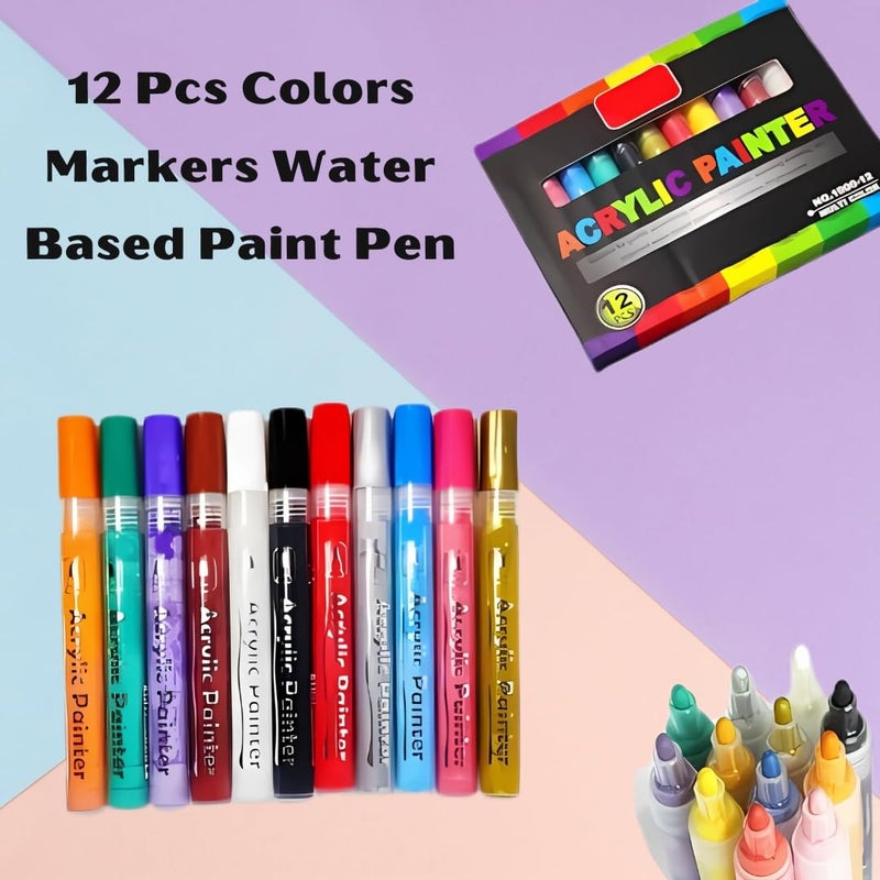 PLUSPOINT 12 Colors Acrylic Paint Markers Set, Acrylic Paint Water Based Pens with Bold Tip for Kids Adults used for Rock Painting Pumpkin Stone Canvas Wood Paper Glass Ceramic Fabric Plastic - Image 3