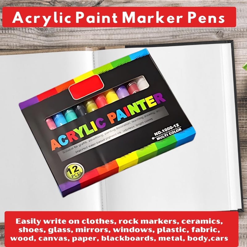 PLUSPOINT 12 Colors Acrylic Paint Markers Set, Acrylic Paint Water Based Pens with Bold Tip for Kids Adults used for Rock Painting Pumpkin Stone Canvas Wood Paper Glass Ceramic Fabric Plastic - Image 2