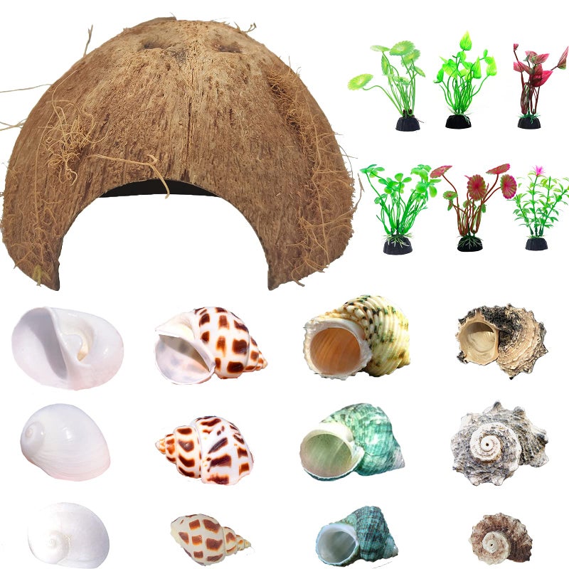 SINKOO Hermit Crab Shells Natural Coconut Shell Hut Artificial Plants 19 PCS Decoration Supplies House Tank
