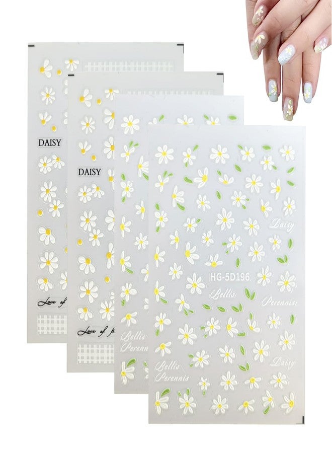 Qzinxja White Daisy Flower Nail Stickers - 4 Sheets, 5D Embossed Blossom Petals for Nail Art, Spring/Summer Floral Nail Decals - Image 1
