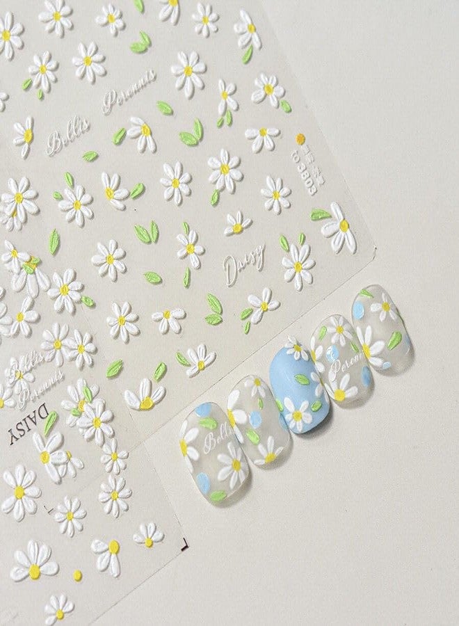 Qzinxja White Daisy Flower Nail Stickers - 4 Sheets, 5D Embossed Blossom Petals for Nail Art, Spring/Summer Floral Nail Decals - Image 3