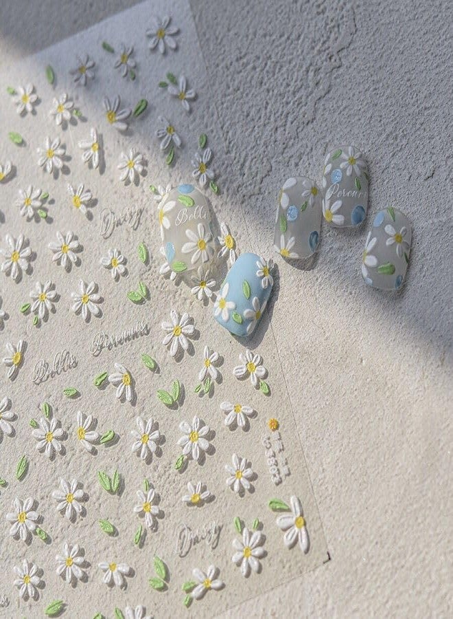Qzinxja White Daisy Flower Nail Stickers - 4 Sheets, 5D Embossed Blossom Petals for Nail Art, Spring/Summer Floral Nail Decals - Image 2