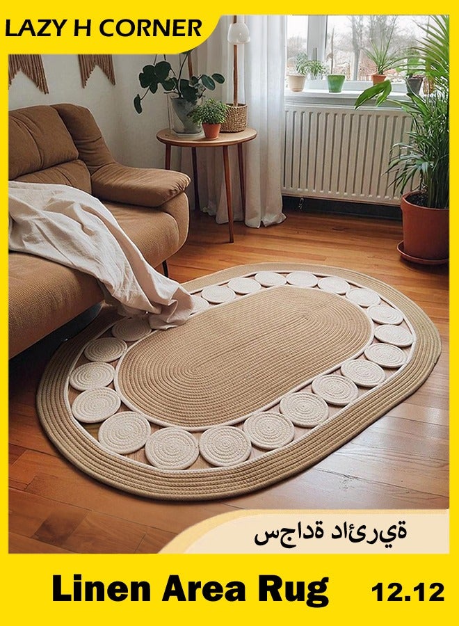 LAZY H CORNER Boho Handwoven Area Rugs Oval For Living Room - Non-Slip Small Rugs & Carpets,  Natural Linen Fiber, Washable Door Mats, Suitable For Bed Room, Bathroom & Kitchen, Room Decor For Family (Beige) - Image 1