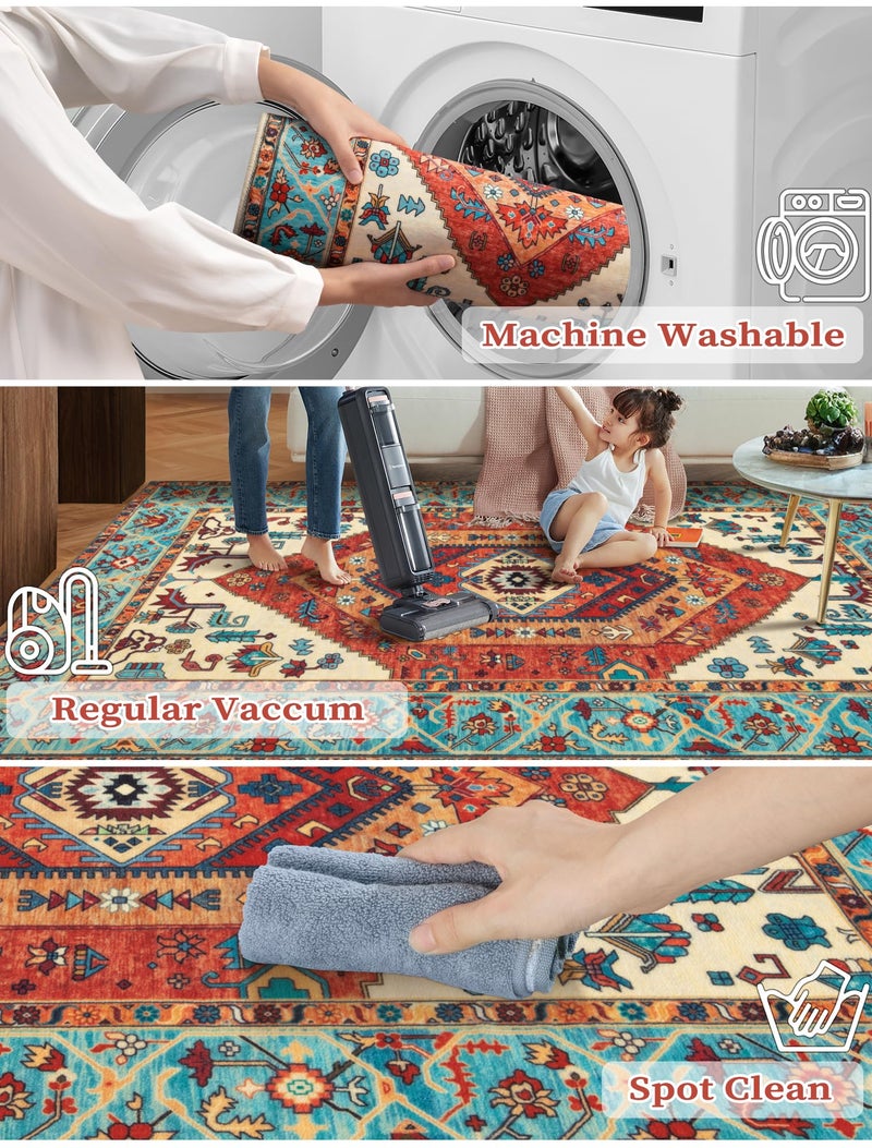 SERISSA Boho Washable Runner Rug, 2'6"x10' Rug Runner Non-Slip Vintage Orange Hallway Kitchen Runner Rug Ultra Soft Print Distressed Tribal Floor Carpet Runner for Bedroom Bathroom Laundry Room - Image 2