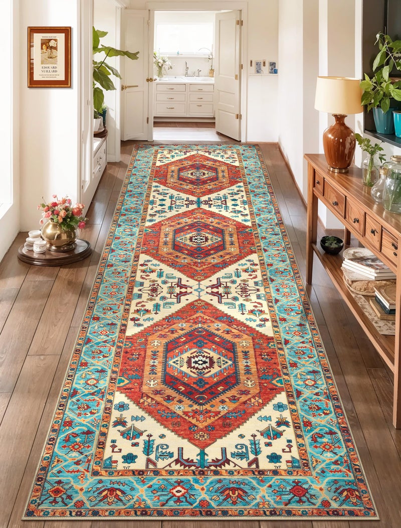 SERISSA Boho Washable Runner Rug, 2'6"x10' Rug Runner Non-Slip Vintage Orange Hallway Kitchen Runner Rug Ultra Soft Print Distressed Tribal Floor Carpet Runner for Bedroom Bathroom Laundry Room - Image 1