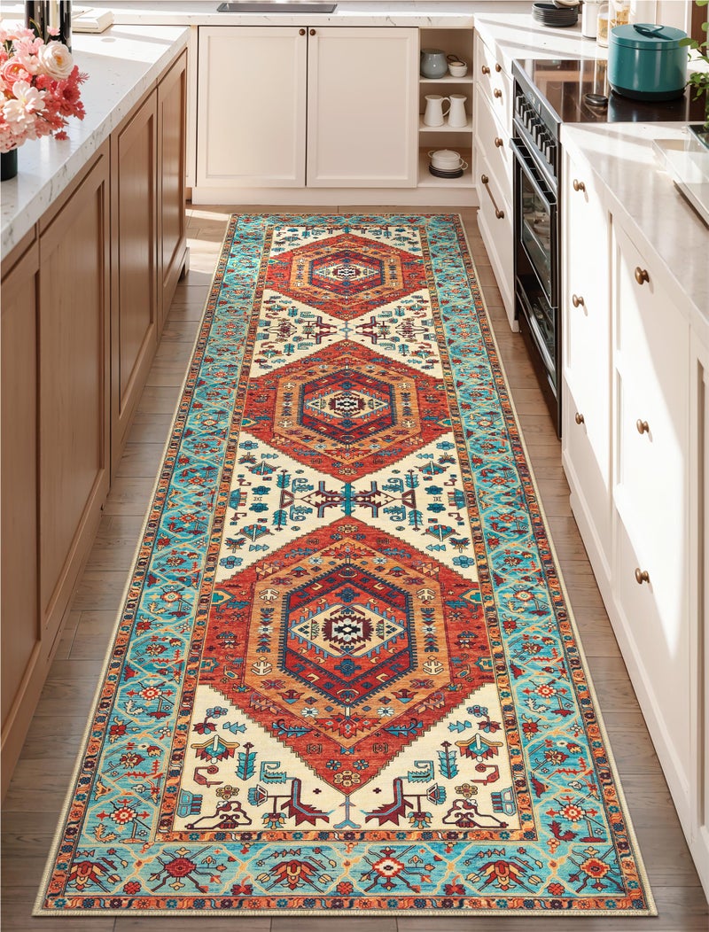 SERISSA Boho Washable Runner Rug, 2'6"x10' Rug Runner Non-Slip Vintage Orange Hallway Kitchen Runner Rug Ultra Soft Print Distressed Tribal Floor Carpet Runner for Bedroom Bathroom Laundry Room - Image 5
