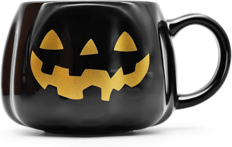 Peclek 12 oz Black Halloween Pumpkin Mug Decorations, Ceramic Jack O’Lantern Coffee Cup with Gold Face, Spooky Cute Halloween Drinkware Gifts for Adults Kids - Image 1