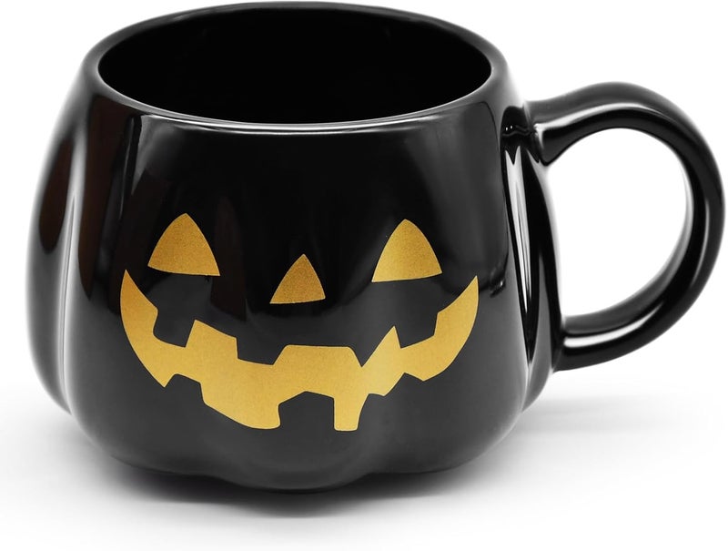 Peclek 12 oz Black Halloween Pumpkin Mug Decorations, Ceramic Jack O’Lantern Coffee Cup with Gold Face, Spooky Cute Halloween Drinkware Gifts for Adults Kids - Image 2