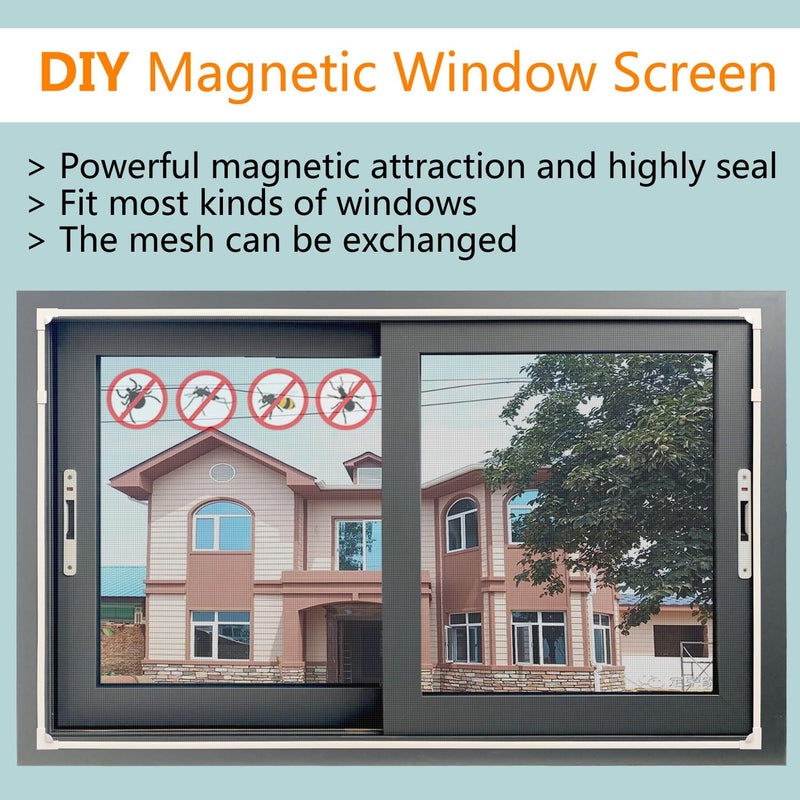 Maguesh Magnetic Window Screen, DIY Window Screen for House Adjustable Fiberglass Mesh White Frame Grey Net Self Adhesive Easy Installation (32"x23"(81x58cm)) - Image 2