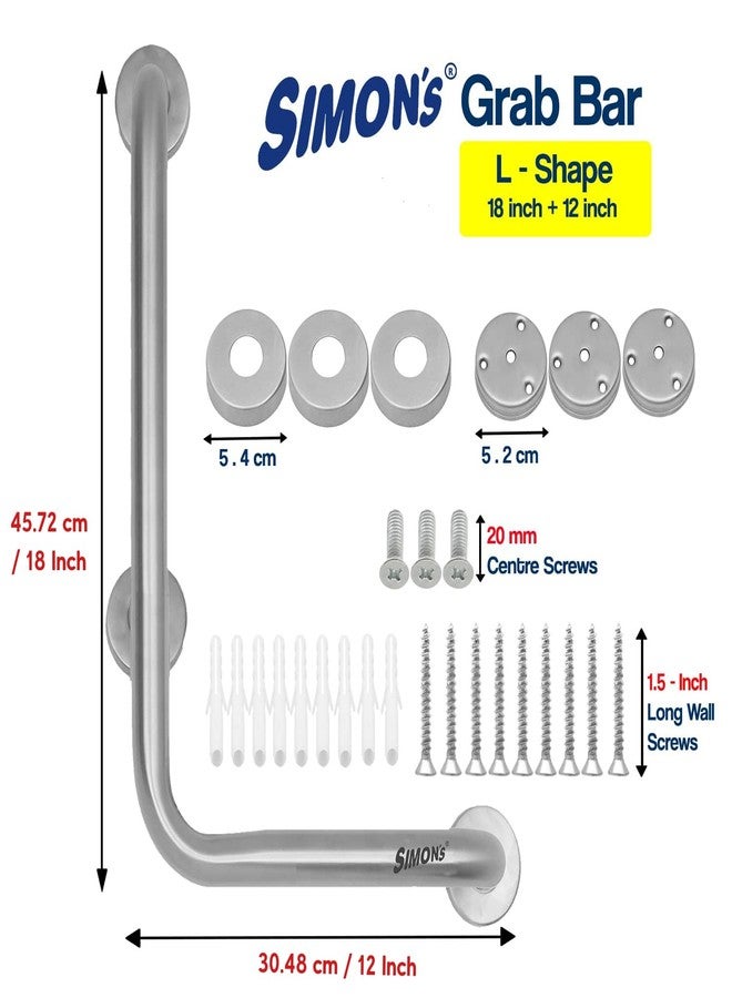 Simon's 100% Stainless Steel 304 Heavy Duty Grab bar for Bathroom handrailing and Safety Handle - 12+18 inch 90 Degree with 3 Legs L - Shape - Image 2