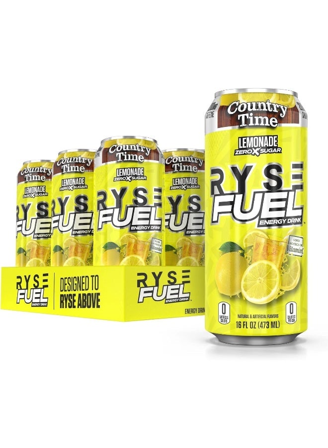 RYSE Up Supplements RYSE Fuel Energy Drink - Country Time Lemonade - Sugar Free, Gluten Free & Vegan - 200mg Natural Caffeine, Taurine & Choline for Focus & Energy - No Artificial Colors - 16 fl oz Cans (12-Pack) - Image 1
