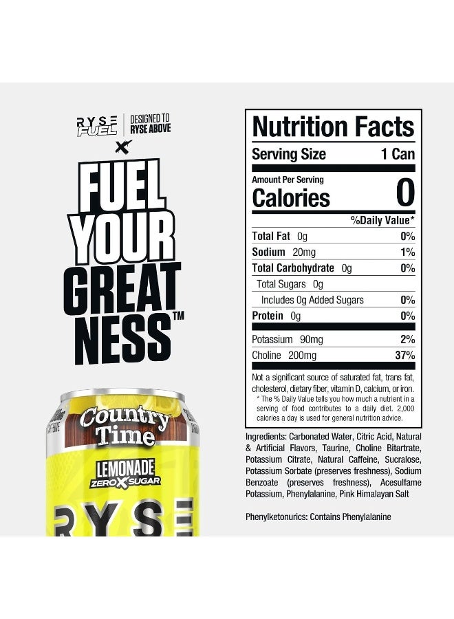 RYSE Up Supplements RYSE Fuel Energy Drink - Country Time Lemonade - Sugar Free, Gluten Free & Vegan - 200mg Natural Caffeine, Taurine & Choline for Focus & Energy - No Artificial Colors - 16 fl oz Cans (12-Pack) - Image 2