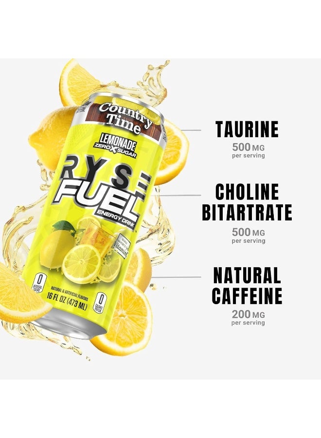 RYSE Up Supplements RYSE Fuel Energy Drink - Country Time Lemonade - Sugar Free, Gluten Free & Vegan - 200mg Natural Caffeine, Taurine & Choline for Focus & Energy - No Artificial Colors - 16 fl oz Cans (12-Pack) - Image 4