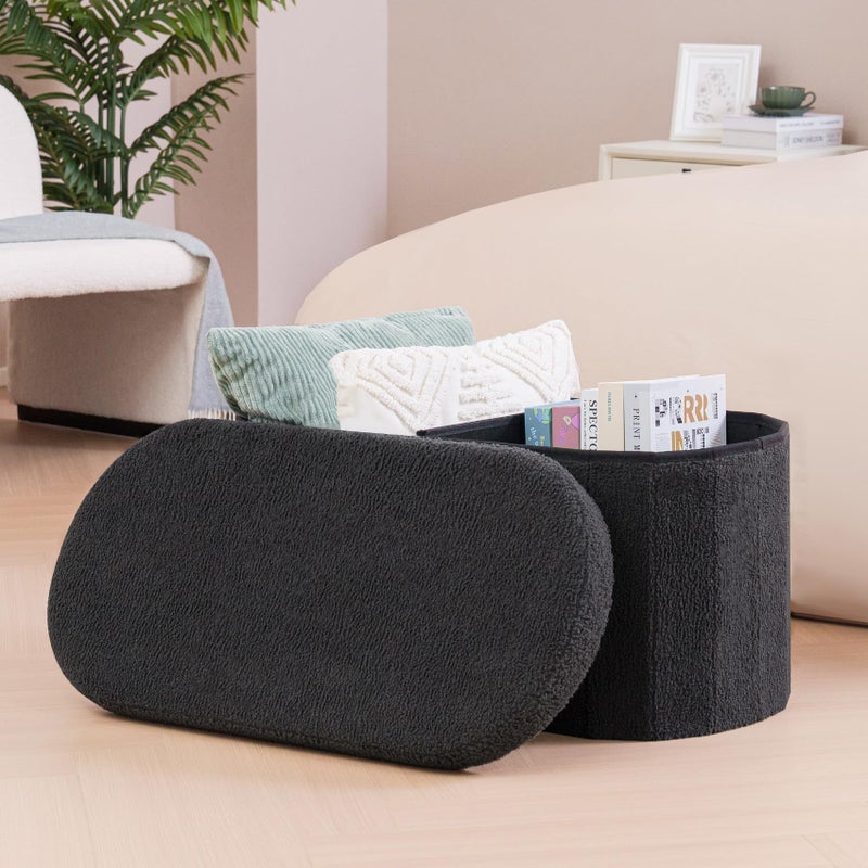 B FSOBEIIALEO Ottoman with Storage for Living Room, Sherpa Folding Storage Ottoman Foot Rest, 30 Inches Collapsible Bedroom Bench Dark Grey - Image 2