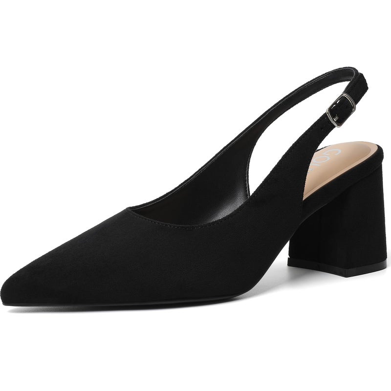 Mostrin Black Suede Block Slingback Heels for Women Pointed Closed Toe Chunky Heels Office Work Shoes Women's Pumps for Business Casual - Image 1
