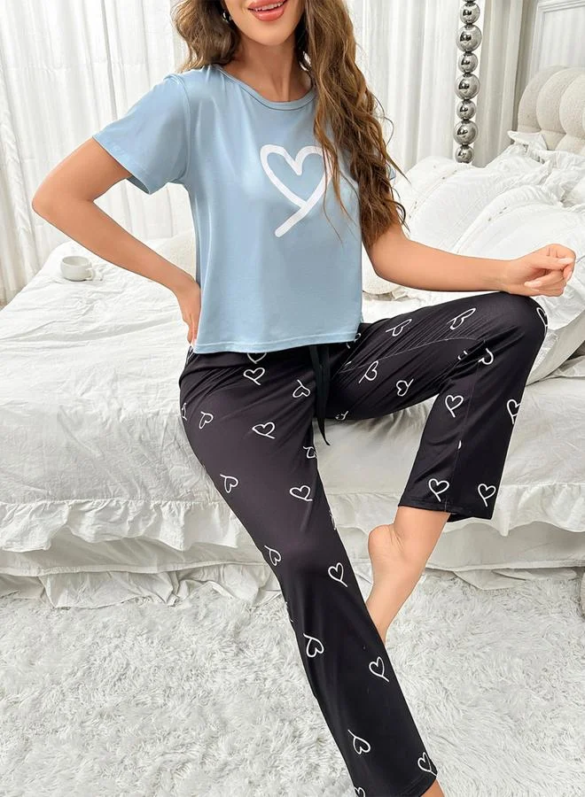 Take Two Blue Heart Print T-Shirt and Pyjama Set