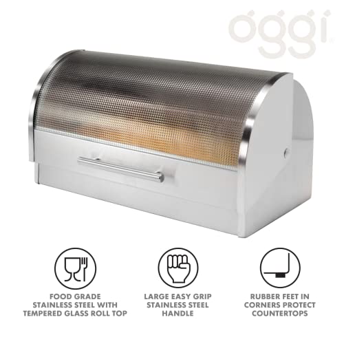 Oggi Stainless Steel Roll Top Bread Box for Kitchen Countertop with Tempered Glass Lid - Fits Multiple Large Loaves of Bread and Other Freshly Baked Goods Including Cookies, Bagels, Muffins - Image 5
