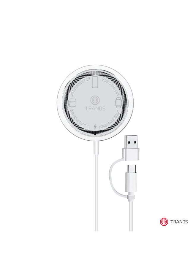 Trands 3-in-1 Magnetic Wireless Charger, 15W Fast Qi Charging Pad, Pocket-Sized Power Hub with Type-C & USB-A Connectivity for iPhone, Apple Watch, and AirPods - White - Image 1
