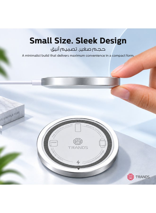 Trands 3-in-1 Magnetic Wireless Charger, 15W Fast Qi Charging Pad, Pocket-Sized Power Hub with Type-C & USB-A Connectivity for iPhone, Apple Watch, and AirPods - White - Image 4