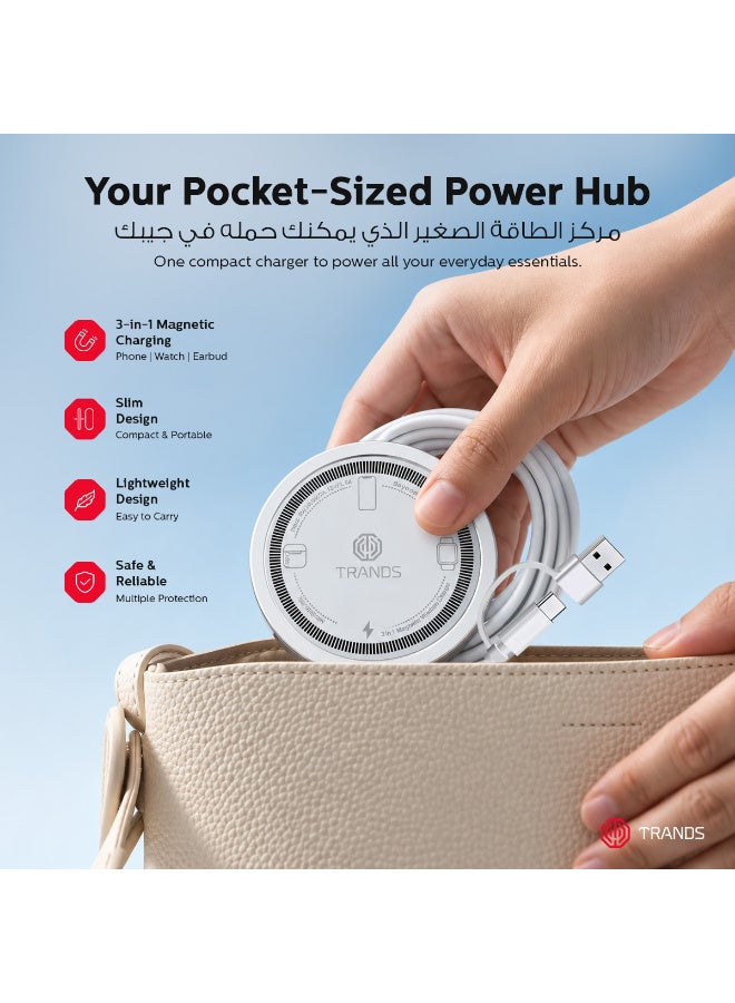Trands 3-in-1 Magnetic Wireless Charger, 15W Fast Qi Charging Pad, Pocket-Sized Power Hub with Type-C & USB-A Connectivity for iPhone, Apple Watch, and AirPods - White - Image 5