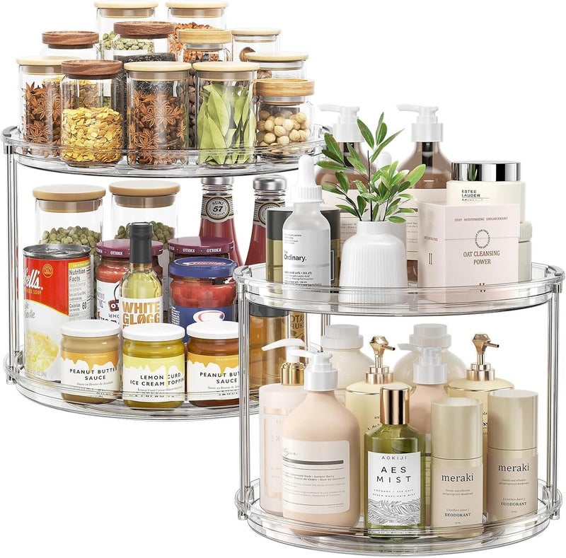 LAMU 2Pack 2 Tier Lazy Susan Organizer 12 inch Large Lazy Susan Turntable Rotating Spice Rack Organization for Cabinet, Kitchen, Pantry, Countertop, Bathroom, Vanity, Medicine Cabinet Organizer, Clear - Image 1