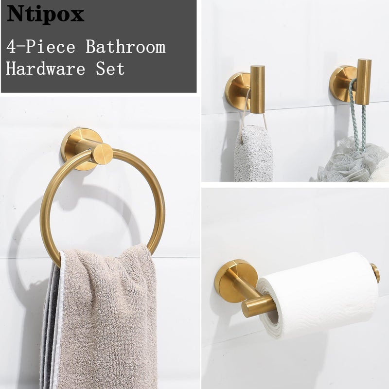 Ntipox 4 Piece Brushed Gold Stainless Steel Bathroom Hardware Set Include Hand Towel Ring  Toilet Paper Holder And 2 Robe Towel Hooks Bathroom Accessories Kit - Image 2