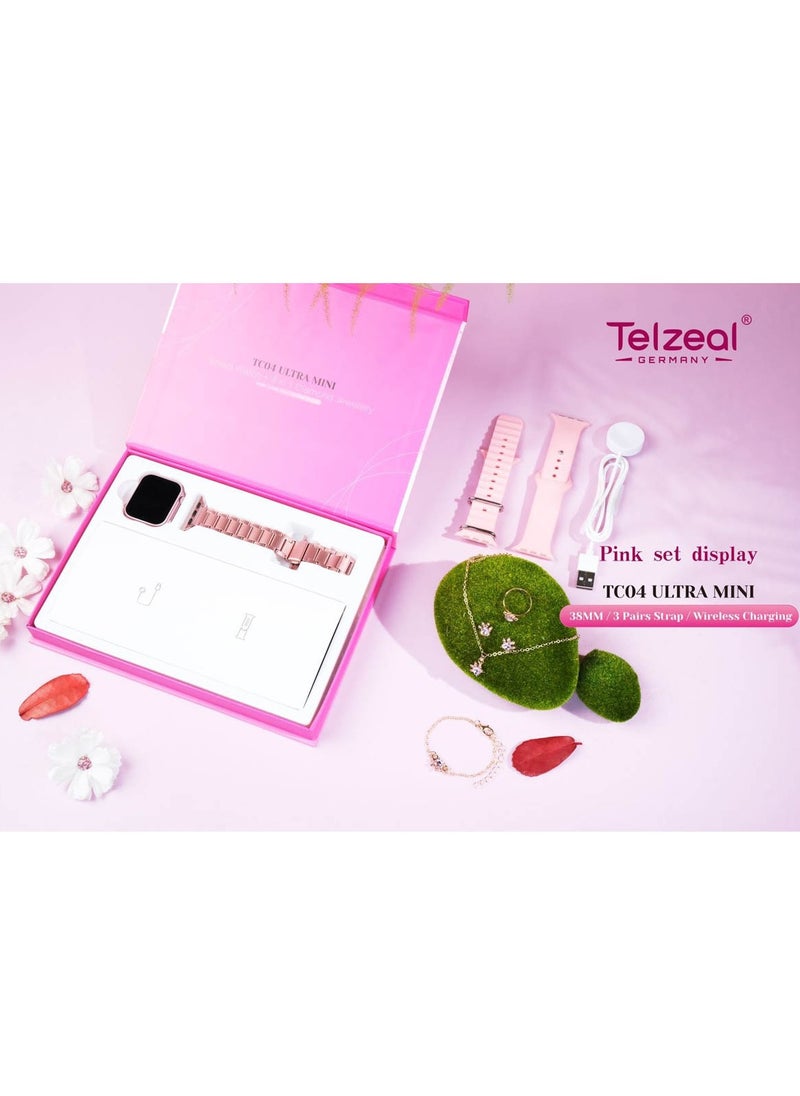 Telzeal Telzeal Germay TC04 Ultra Mini Smart Watch 38MM Display With 3 Pair Straps Jewellery Accessories and Wireless Charger Designed For Womens and Girls Pink  - Image 3