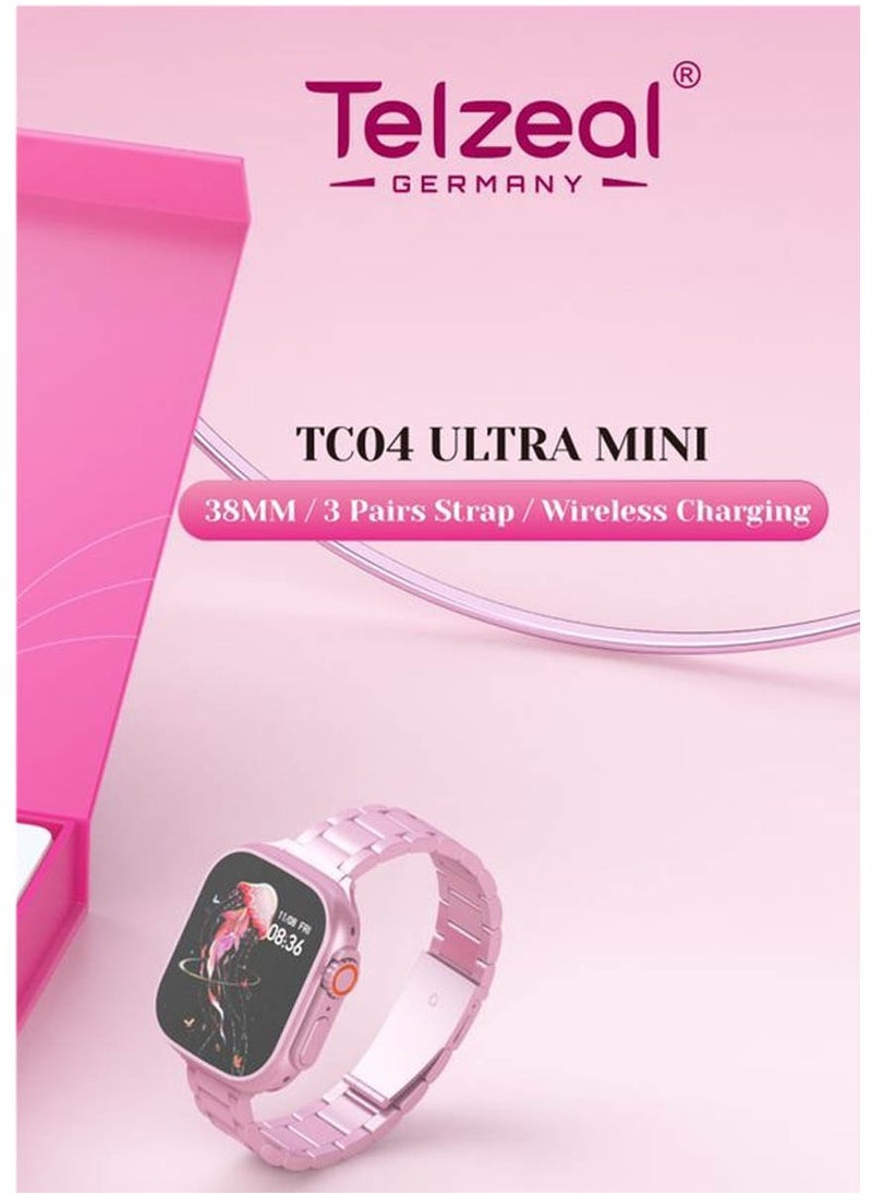 Telzeal Telzeal Germay TC04 Ultra Mini Smart Watch 38MM Display With 3 Pair Straps Jewellery Accessories and Wireless Charger Designed For Womens and Girls Pink  - Image 1