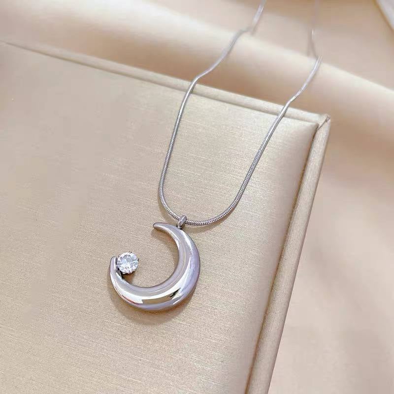 Silver Zirconic Stainless Steel Cresent Pendant Necklace - Image 2