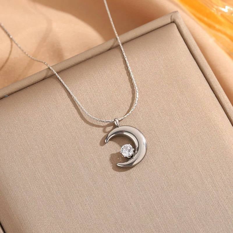 Silver Zirconic Stainless Steel Cresent Pendant Necklace - Image 4