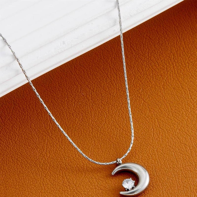 Silver Zirconic Stainless Steel Cresent Pendant Necklace - Image 1
