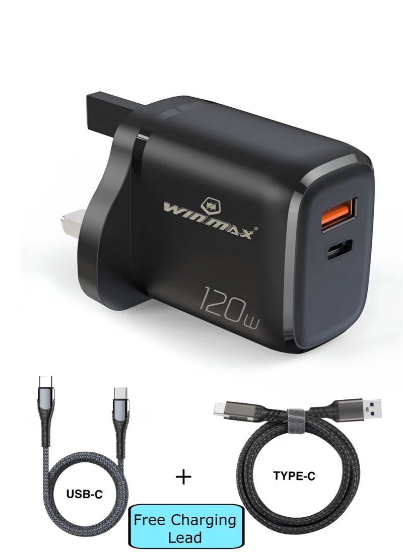 Winmax - 120W Fast Charger Dual Port USB-A & USB-C Includes 2 Free 60W High-Speed Charging CablesType-C & USB-C - Image 1