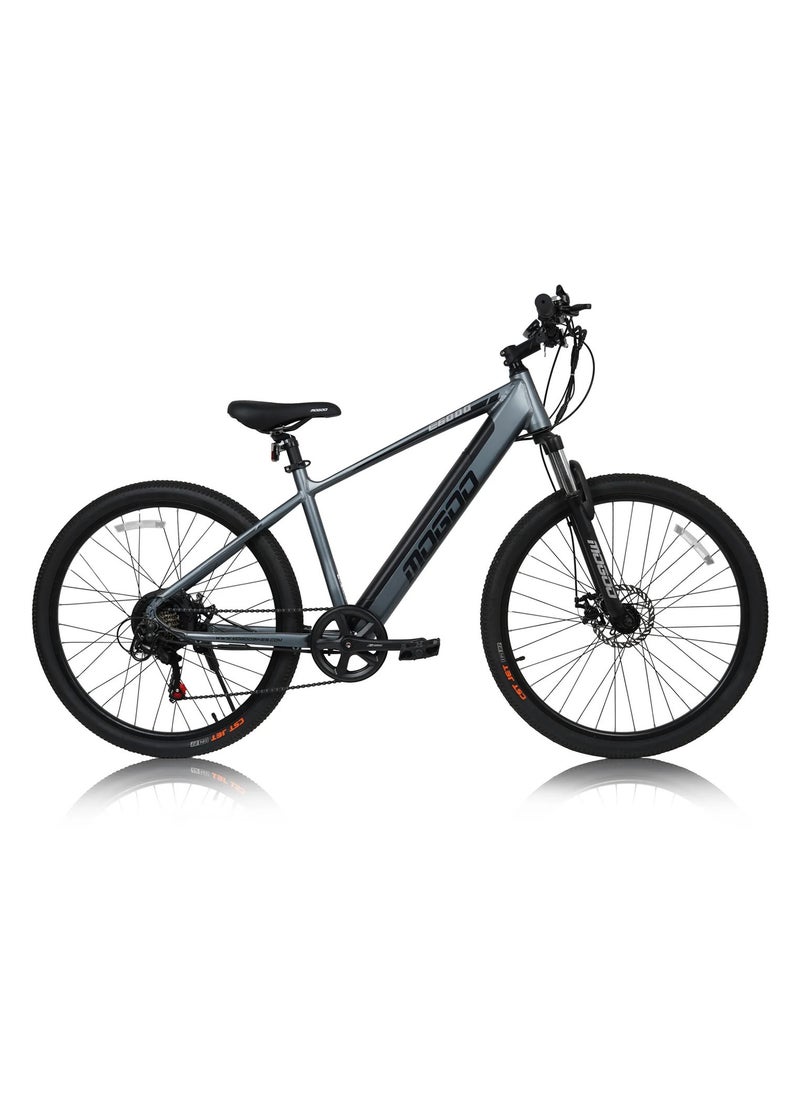 MOGOO دراجة كهربائية Mogoo E6000 مقاس 27.5 بوصة للبالغين - شيمانو 7 سرعات - محرك 350 وات - بطارية 36 فولت 10.4 أمبير - فرامل قرصية - خفيفة الوزن للتنقل - دراجة جبلية بنظام تعليق - مساعدة الدواسة - 35 كيلومترًا في الساعة - مدى 80 كيلومترًا - رمادي  - Image 1