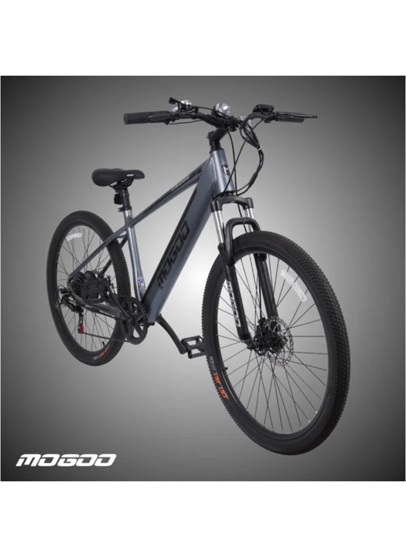 MOGOO دراجة كهربائية Mogoo E6000 مقاس 27.5 بوصة للبالغين - شيمانو 7 سرعات - محرك 350 وات - بطارية 36 فولت 10.4 أمبير - فرامل قرصية - خفيفة الوزن للتنقل - دراجة جبلية بنظام تعليق - مساعدة الدواسة - 35 كيلومترًا في الساعة - مدى 80 كيلومترًا - رمادي  - Image 2