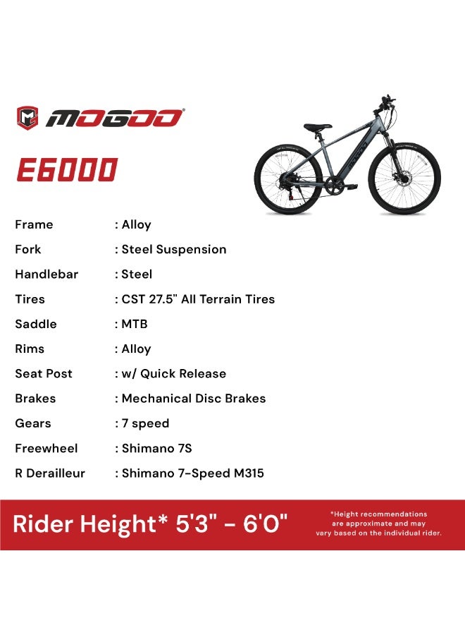 موجو دراجة كهربائية E6000 مقاس 27.5 بوصة للبالغين - شيمانو 7 سرعات - محرك 350 واط - بطارية 36 فولت 10.4 أمبير - فرامل قرصية - دراجة خفيفة الوزن للتنقل - دراجة جبلية بنظام تعليق - مساعدة الدواسة - سرعة قصوى 35 كم/ساعة - مدى 80 كم - رمادي - Image 5