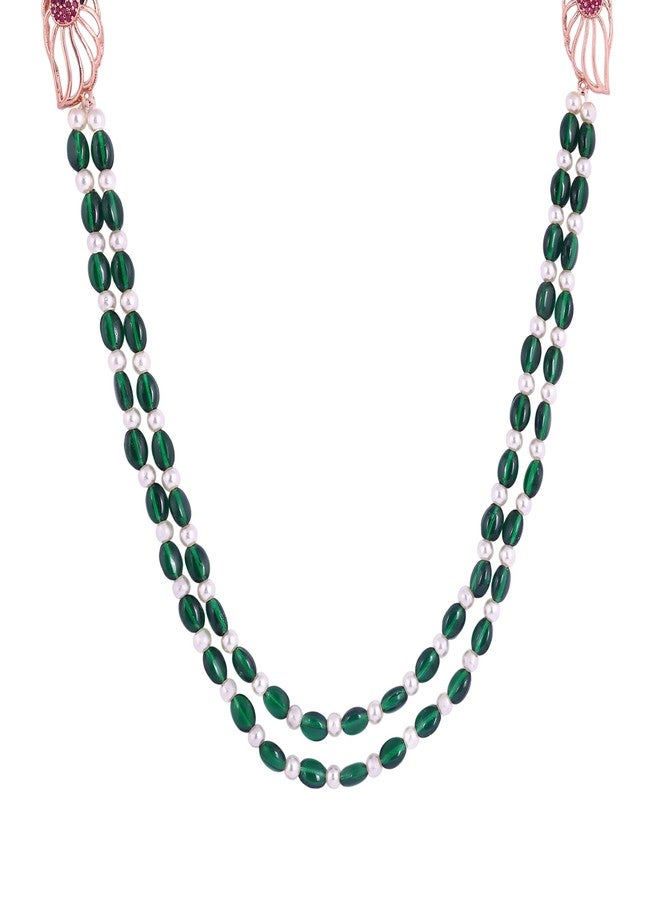 Estele Graceful Rose Gold Plated Dual Line Green Beaded Necklace with Sparkling CZ Peacock Motifs|Occasion Jewelry|Morbagh Collection-AD-923-RGGN NK - Image 2