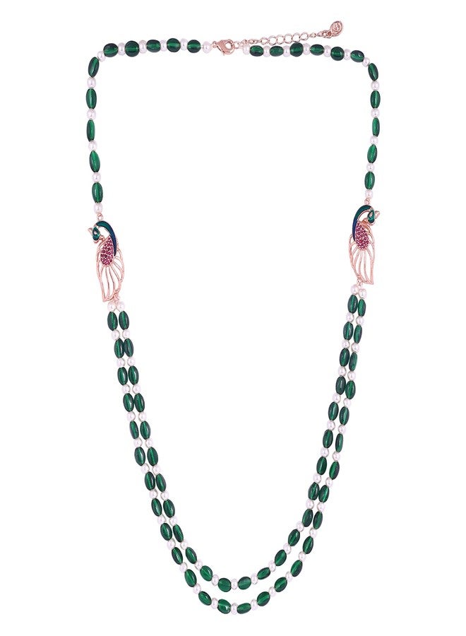 Estele Graceful Rose Gold Plated Dual Line Green Beaded Necklace with Sparkling CZ Peacock Motifs|Occasion Jewelry|Morbagh Collection-AD-923-RGGN NK - Image 1