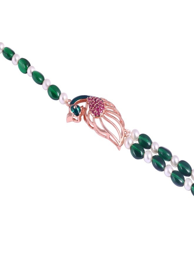 Estele Graceful Rose Gold Plated Dual Line Green Beaded Necklace with Sparkling CZ Peacock Motifs|Occasion Jewelry|Morbagh Collection-AD-923-RGGN NK - Image 3