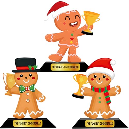 LOTADILO 3 Pcs Christmas Contest Trophy Set Wooden Gingerbread Man Contest Trophy Funny Trophies Gingerbread Man Cookie Santa Snowman Funny Party Prizes for Adults Xmas Decorations - Image 1