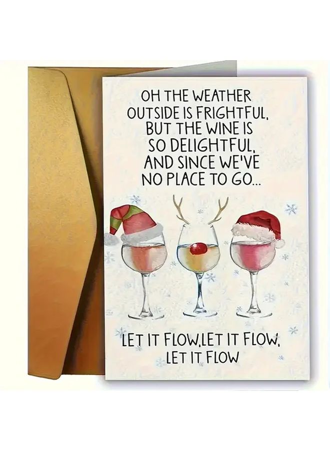 Kraft Paper Christmas Card With Santa Hat Wine Glass Design Let It Flow Quote Includes Red Envelope - Image 5