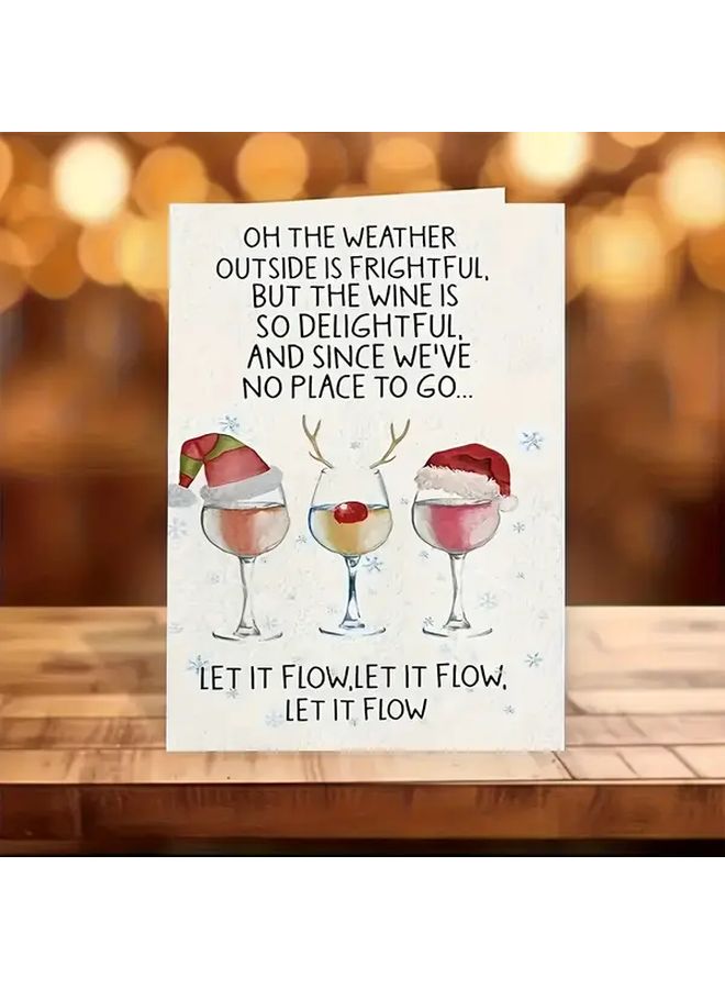 Kraft Paper Christmas Card With Santa Hat Wine Glass Design Let It Flow Quote Includes Red Envelope - Image 3
