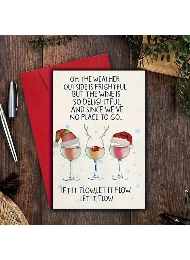 Kraft Paper Christmas Card With Santa Hat Wine Glass Design Let It Flow Quote Includes Red Envelope - Image 1
