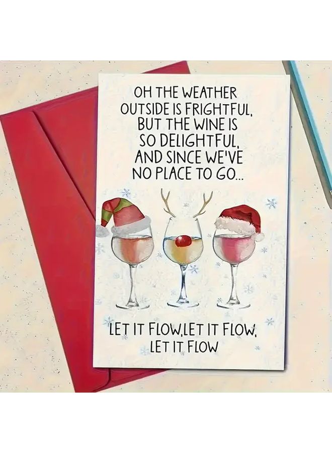 Kraft Paper Christmas Card With Santa Hat Wine Glass Design Let It Flow Quote Includes Red Envelope - Image 2